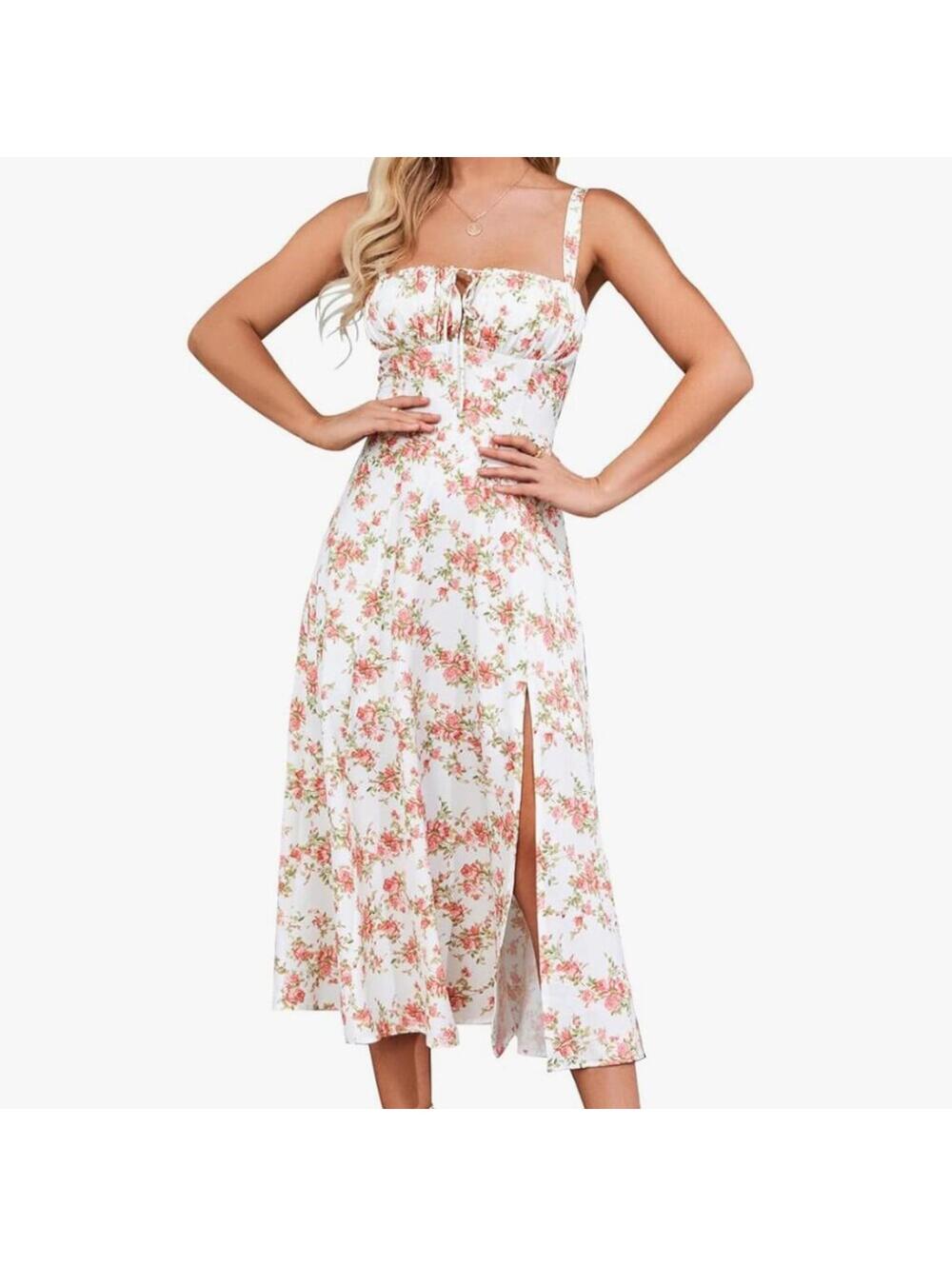 Amazon Floral Midi Corset Dress Lace-Up Slit Boho Rose Pink Size S (US 2–4)